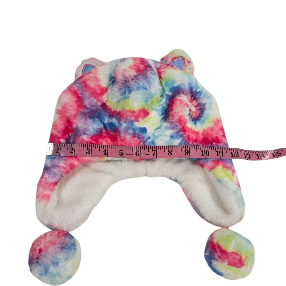 The Children's Place Kids Tie Dye Faux Fur Bear Hat L/XL 8+ Ears‎ Pom Poms